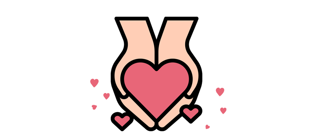 Illustration of pink heart and hands symbolizing Flows Tasty Treats social impact and community support